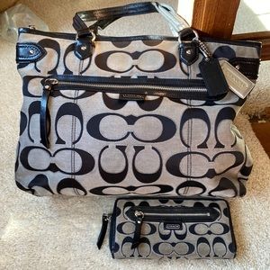Gray & Black Coach purse and matching wallet.